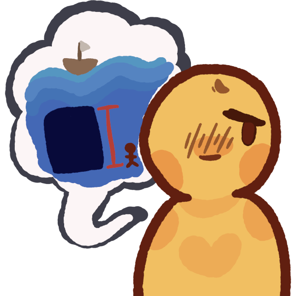 A simple yellow person with a worried/scared expression. A wobbly speech bubble is coming from them, there is a lineless ocean is drawn with a boat on the top layer , the further down it goes the blue gets darker . There is a large darker blue box in the water next to a small figure , a red height scale is between them to emphasize the size